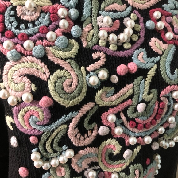 Vintage 80s BOAZ Black/Pastel Embroidered W/Pearls Sweater Ramie Cotton - Picture 5 of 7